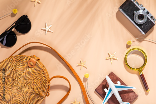 Flatlay set on yellow backdrop. Summer background. Flat lay, top view summert...