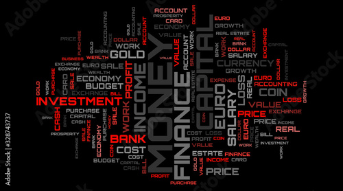 Beautiful red word cloud concept illustration. Finance red word cloud background