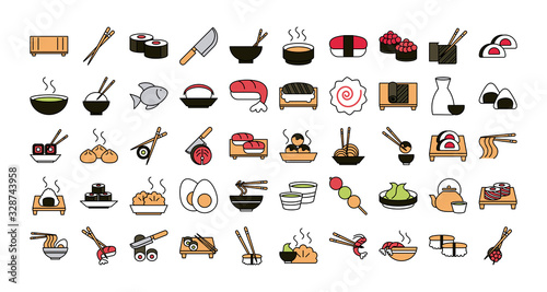 sushi oriental menu icons set line and fill style icon