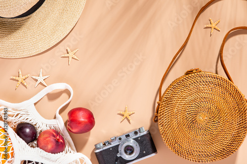 Flatlay set on yellow backdrop. Summer background. Flat lay, top view summert...