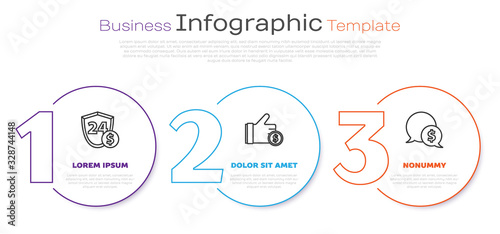 Set line Shield with dollar, Hand holding coin and Speech bubble with dollar. Business infographic template. Vector