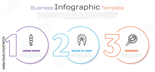 Set line Grilled shish kebab on skewer stick, Fish steak and Steak meat in frying pan. Business infographic template. Vector