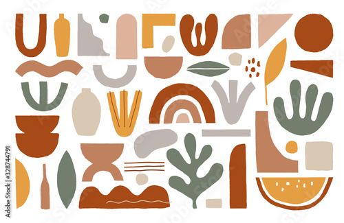 Collection of abstract graphic shapes. Minimalist forms in the style of modern art. Trendy graphic elements for the design of invitation, banner, postcard, flyer or poster.