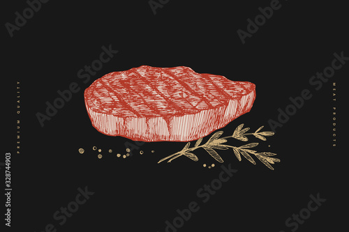 Grilled steak vector illustration. Hand-drawn piece of meat cut and rosemary branches on black background. Concept of fresh farm products. Design element for butcher shop, market, restaurant.