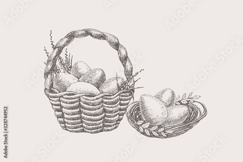 Set of hand-drawn symbols of spring religious holiday. Easter eggs lie in a nest and a basket with primroses. Happy Easter. Festive seasonal vector illustration on a light background.