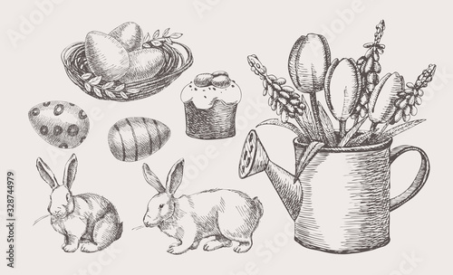 Fototapeta Big hand-drawn easter set of holiday symbols. White rabbits, spring flowers, Easter cake, colored eggs on a white background. Retro seasonal vector illustration for greeting card.