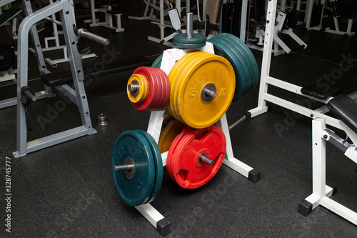 Gym equipment and dumbbells for fitness classes in the gym.