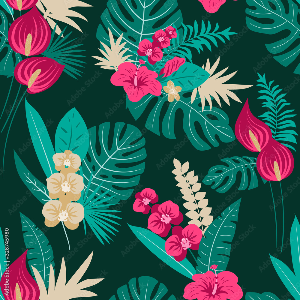 Plakat ctor seamless tropical pattern, vivid tropic foliage, with leaves, flowers. Modern bright summer print design