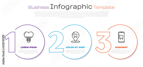 Set line Dental implant, Dental clinic location and Online dental care. Business infographic template. Vector