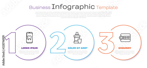 Set line Online dental care, Mouthwash plastic bottle and Dentures model. Business infographic template. Vector