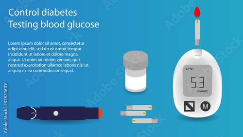 Testing blood glucose medical banner, vector concept. Background with glucometer, test strips and lancet.