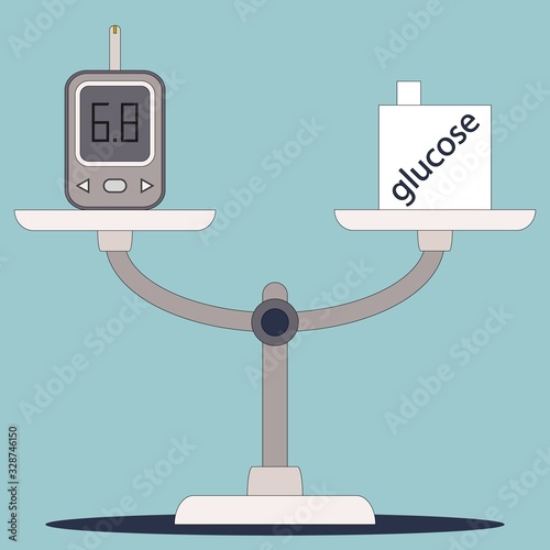 Flat vector graphic concept diabet control. Glucometer and glucose dose keep balance. Compensated diabetes.