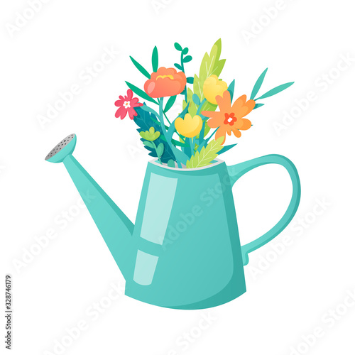 Watering can with bouquet of spring flowers.