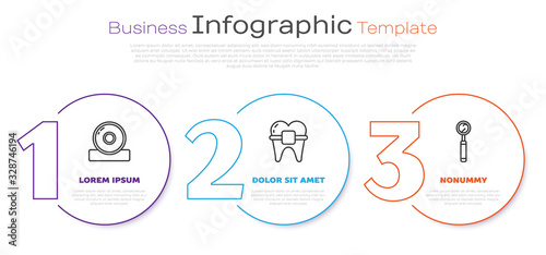 Set line Otolaryngological head reflector, Teeth with braces and Dental inspection mirror. Business infographic template. Vector