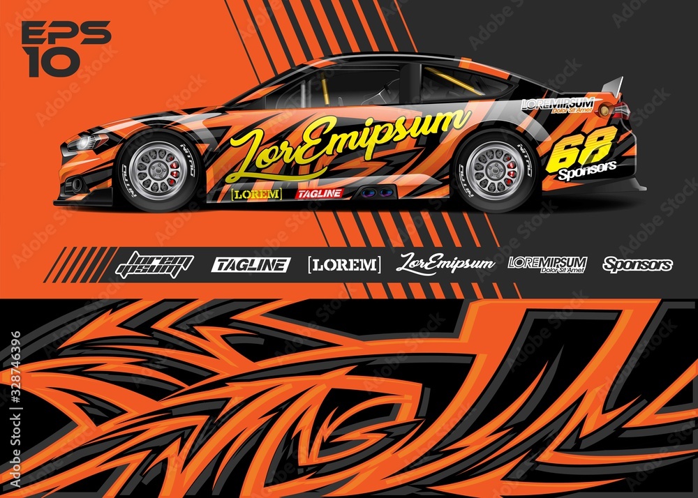 Car graphic livery design vector. Abstract stripe racing background for wrap race car, rally, drift car, cargo van, pickup truck and adventure vehicle. Full vector Eps 10.
