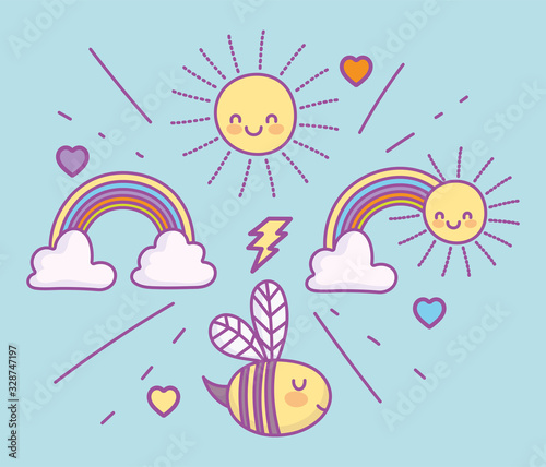 cute flying bee rainbows clouds sun lovely cartoon
