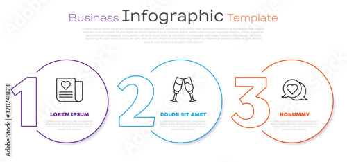 Set line Envelope with Valentine heart, Glass of champagne and Heart in speech bubble. Business infographic template. Vector