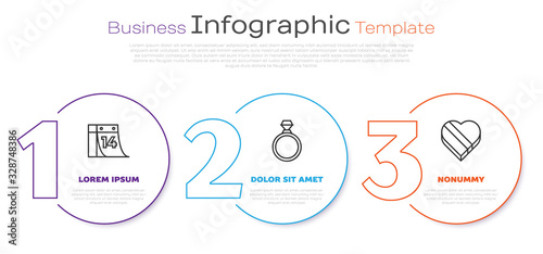 Set line Calendar with February 14, Diamond engagement ring and Candy in heart shaped box. Business infographic template. Vector