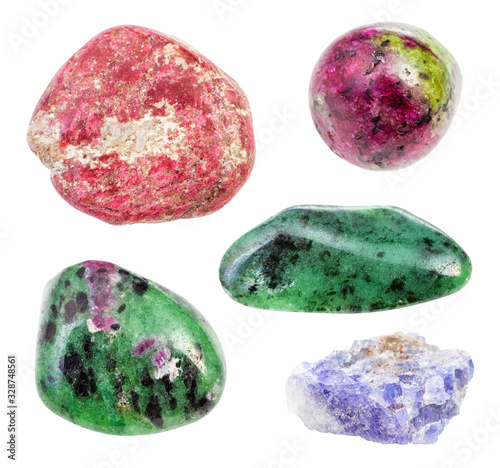 set of various Zoisite gemstones isolated