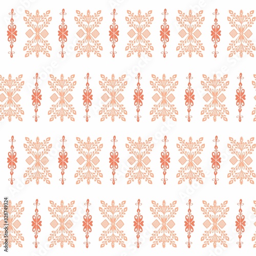 Seamless pattern with fantasy ethnic elements, natural wallpaper, floral decoration, orange curl illustration. Paisley print hand drawn elements. Home décor.