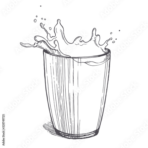 Vector illustration of glass with splashing milk isolated on white. Hand drawn sketch of drink in engraving style