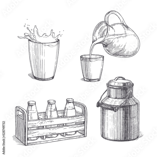 Vector vintage set of milk illustrations in engraving style. Hand drawn sketches of glass with splash, bottles in wooden crate, fresh product pouring from jar in cup and metallic can isolated on white
