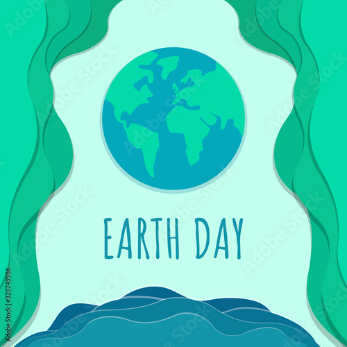 Vector illustration, earth day concept. Minimalistic design of planet Earth in green-blue tones. Abstract waves with 3D effect, in paper art style. Ecology.