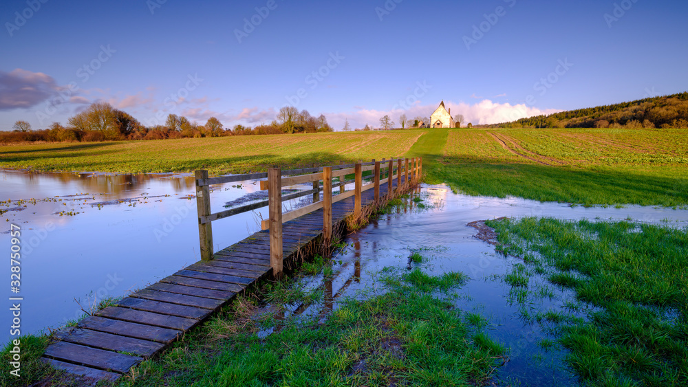 The flooded fields of St Hubert's Church at Idsworth, Hampshire