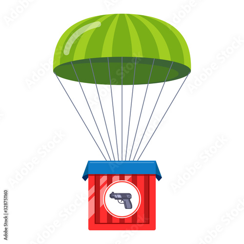 delivery of weapons by parachute. bonus in a computer game. flat vector illustration