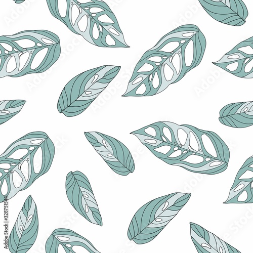 Mint Exotic Tree Seamless Pattern. Tropical Jungle Illustration California Design. Swamp Leaves Modern Pattern. Indigo Palm Leaf Print. White background.