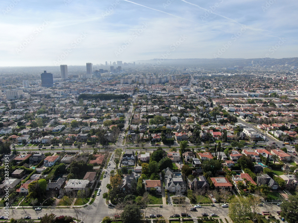Obraz premium Aerial view of wealthy area with big houses in Central Los Angeles , California. USA