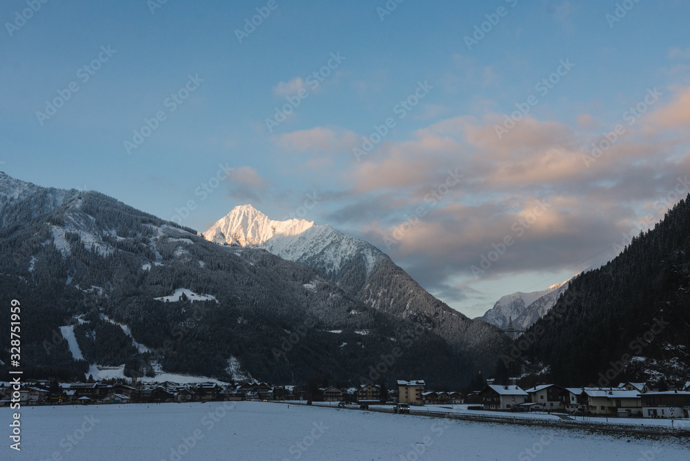Evening landscape, view of the Austrian town Mayrhofen in Tirol.
