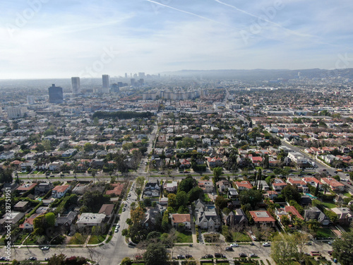 Aerial view of wealthy area with big houses in Central Los Angeles   California. USA