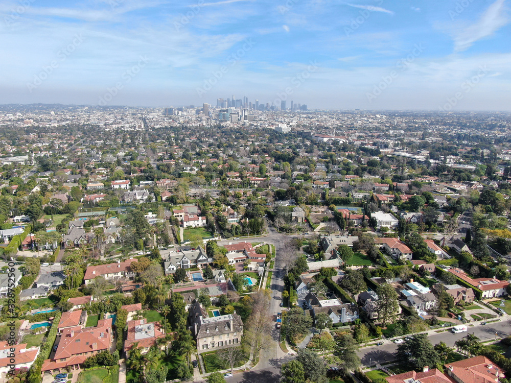 Aerial view of wealthy area with big houses in Central Los Angeles , California. USA