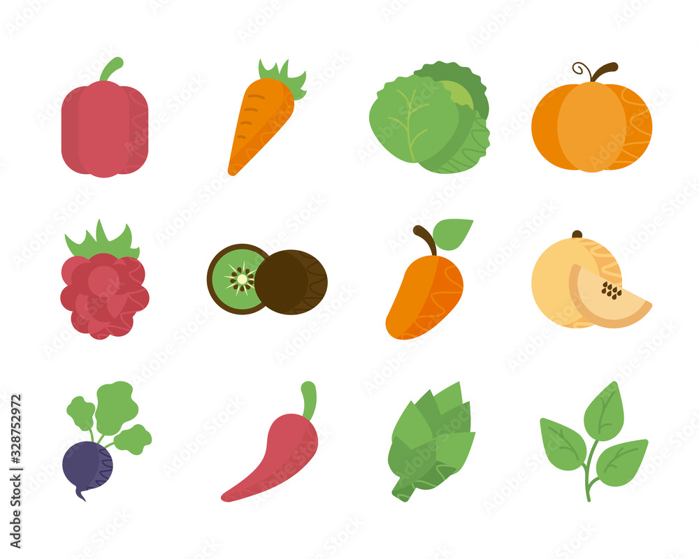 set of icons of fresh fruits and vegetables set of icons of fresh fruits and vegetables