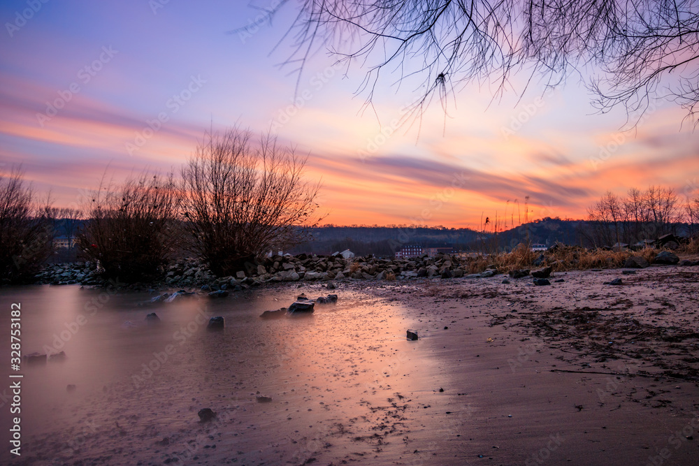 Sunset on the Rhine at the sandbars in Oppenheim.  nice long exposure with great colorful sky