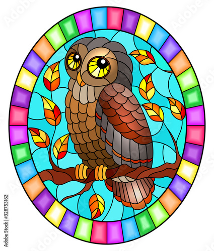 Illustration in stained glass style with fabulous  owl sitting on a autumn tree branch against the sky, oval image in bright frame