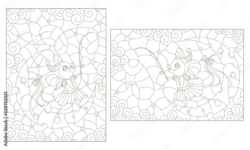 Set of contour illustrations with funny cartoon mice standing on the moon, dark outlines on a white background