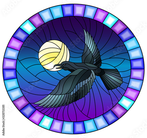Illustration in stained glass style raven on the background of sky and moon, oval image in bright frame