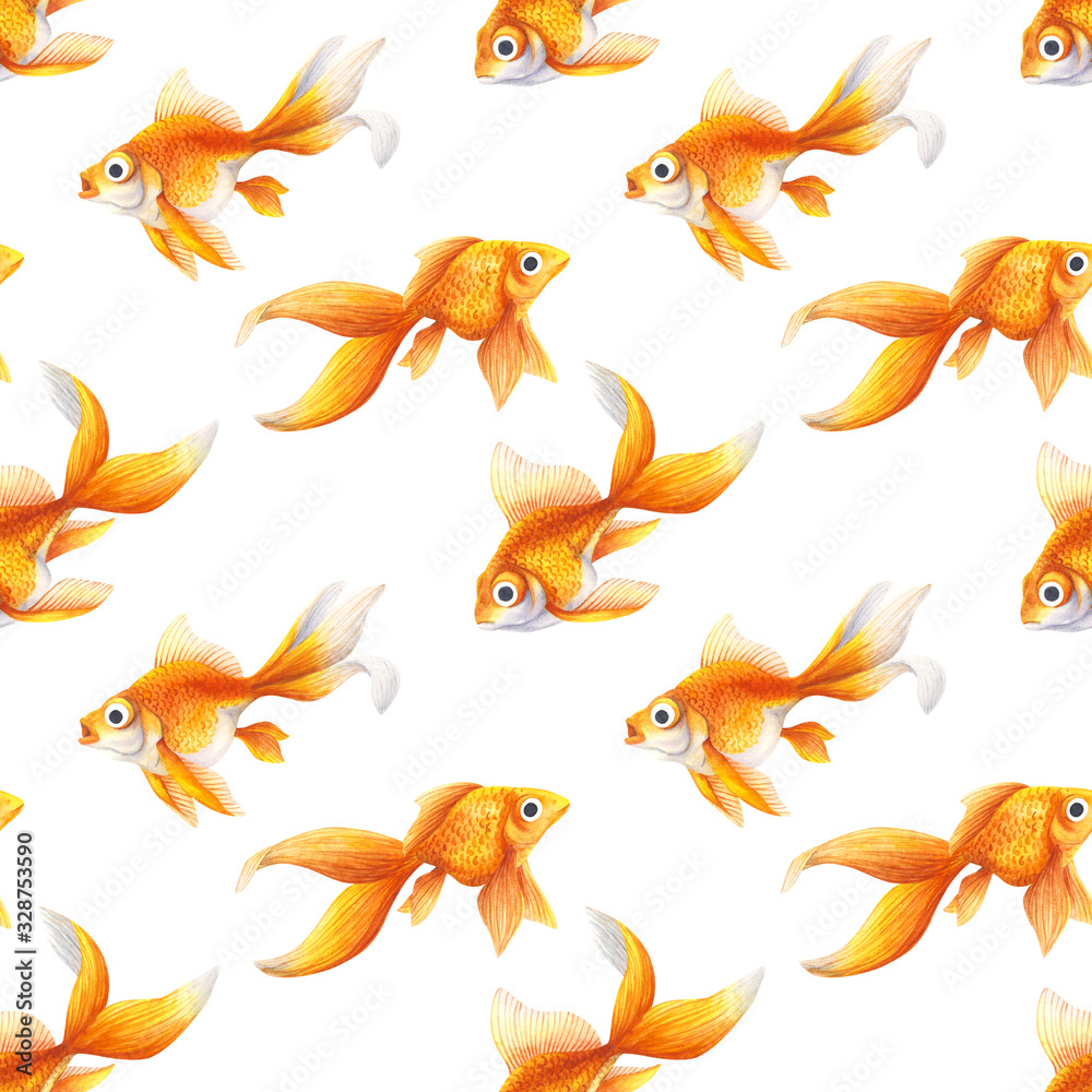 Seamless pattern. Background with Goldfish. Aquarium fish of Golden color. Watercolor, realistic illustration . Pet, decorative animal. magic haddock Seamless pattern. Background with Goldfish. Aquarium fish of Golden color. Watercolor, realistic illustration . Pet, decorative animal. magic haddock