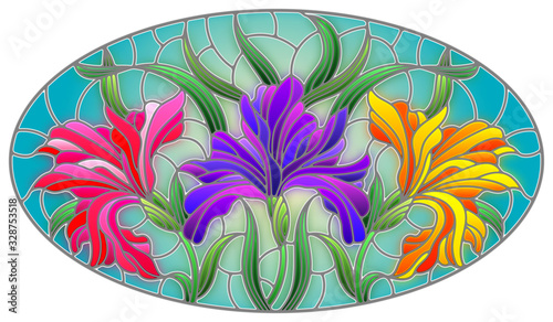 Illustration in stained glass style with  bouquet of irises, flowers, buds and leaves on blue background, oval image
