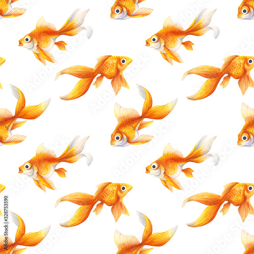 Seamless pattern. Background with Goldfish. Aquarium fish of Golden color. Watercolor, realistic illustration . Pet, decorative animal. magic haddock