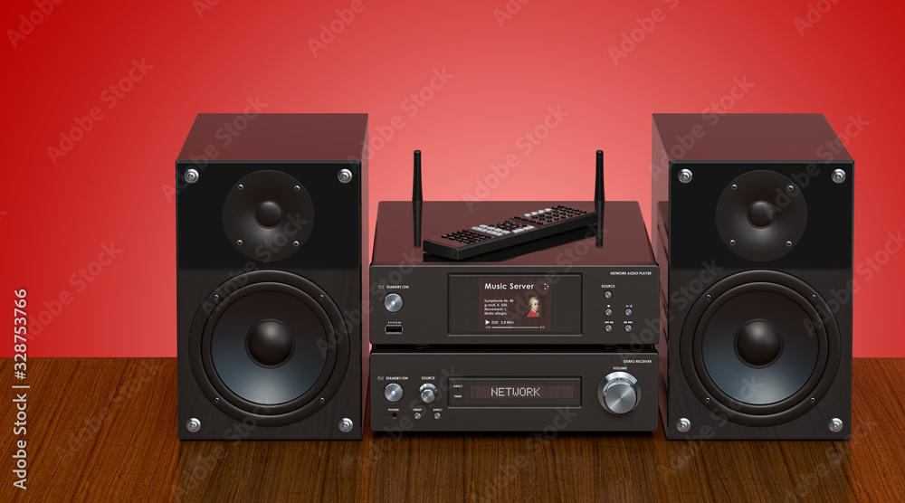 Home stereo system on the wooden table, 3D rendering