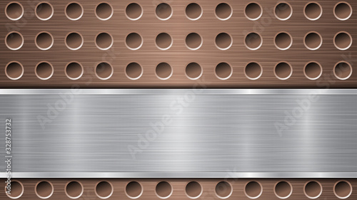 Background of bronze perforated metallic surface with holes and horizontal silver polished plate with a metal texture, glares and shiny edges