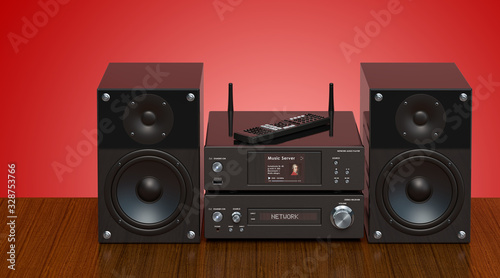 Home stereo system on the wooden table, 3D rendering