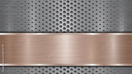 Background of silver perforated metallic surface with holes and horizontal bronze polished plate with a metal texture, glares and shiny edges