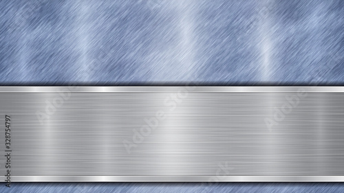 Background consisting of a blue shiny metallic surface and one horizontal polished silver plate located below, with a metal texture, glares and burnished edges