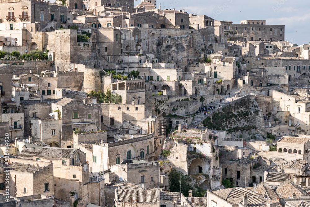 Detailed view of the city of Matera in Italy at sunset. UNESCO World Heritage Site
