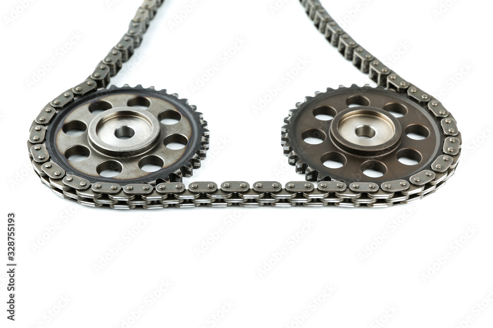 engine chain and gears isolated on white background engine chain and gears isolated on white background