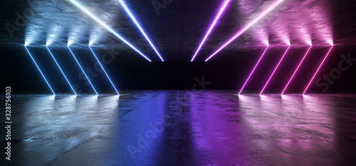 Fototapeta Naklejka Na Ścianę i Meble -  Neon Stage Showroom Concept Dark Sci Fi Alien Grunge Concrete Room Reflective Texture And Abstract Pink Purple Blue Led Laser Neon Glowing Light Triangle Shaped Background 3D Rendering